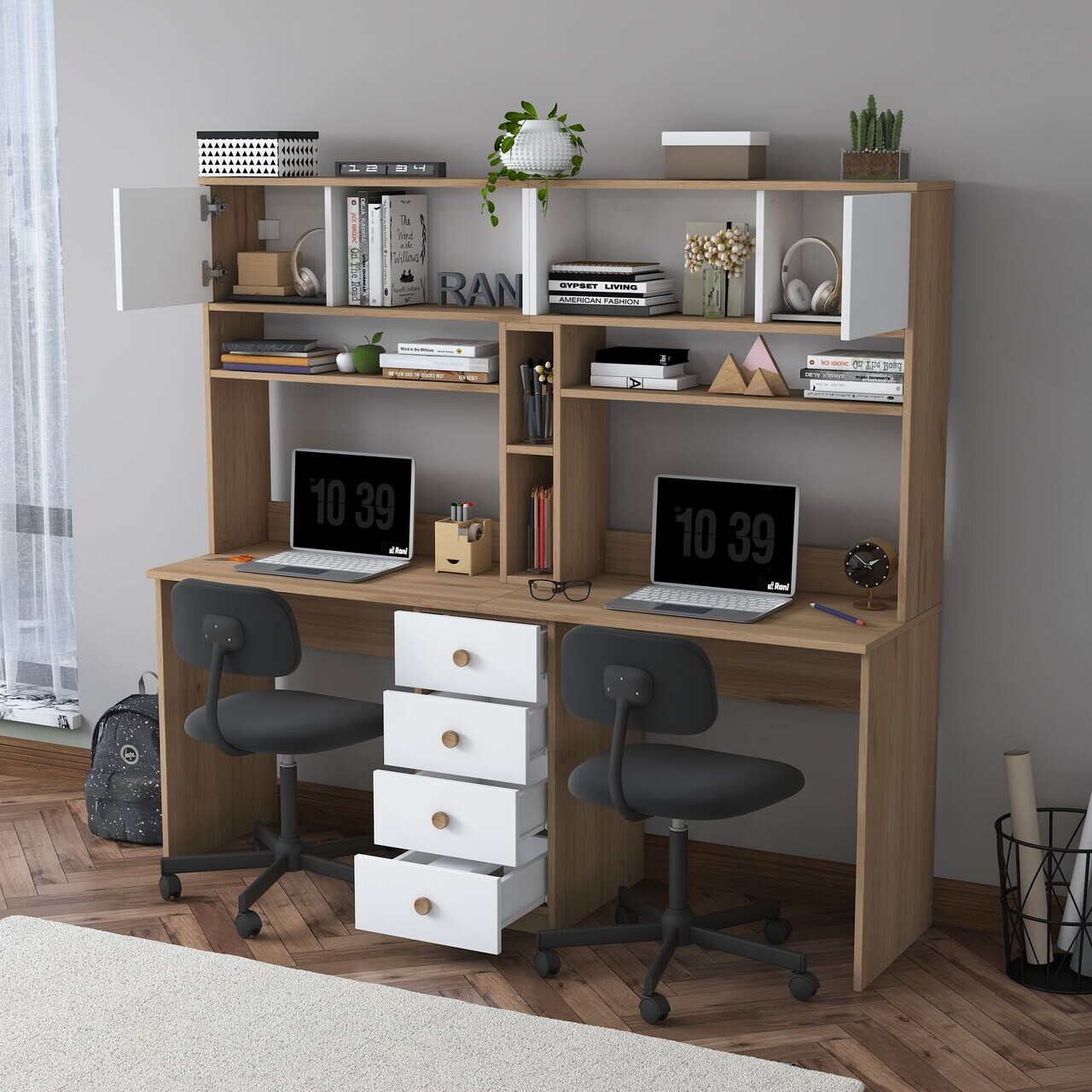 Birou, Hanah Home, HA130, 180x166.3x50 cm, PAL melaminat, Nuc/Alb - view 3