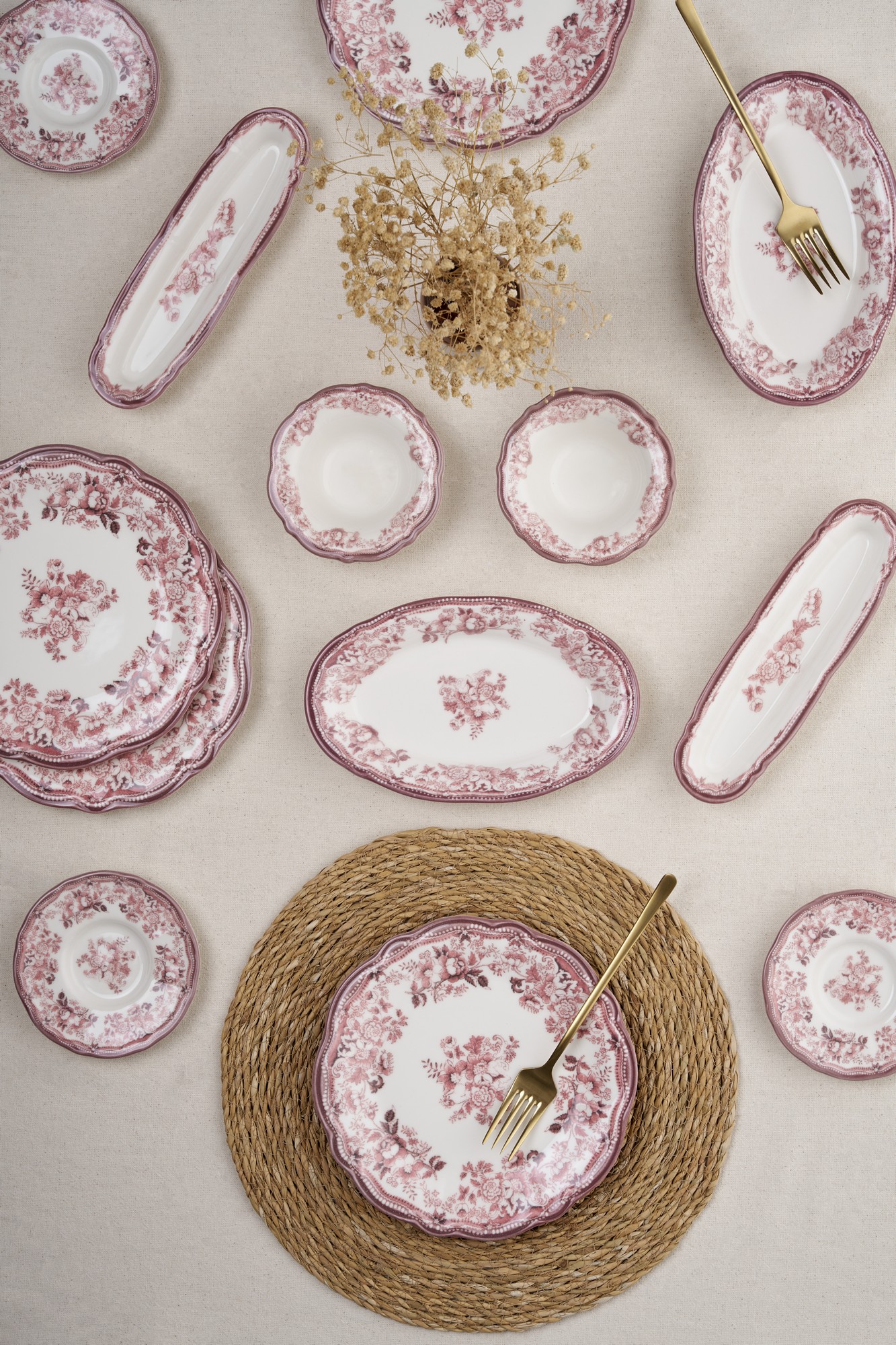 Set de mic dejun, Hermia, 667PRS1739, Portelan, Platou cu măsline: 22 x 7 cm (2 bucăți), Alb / Maroon
