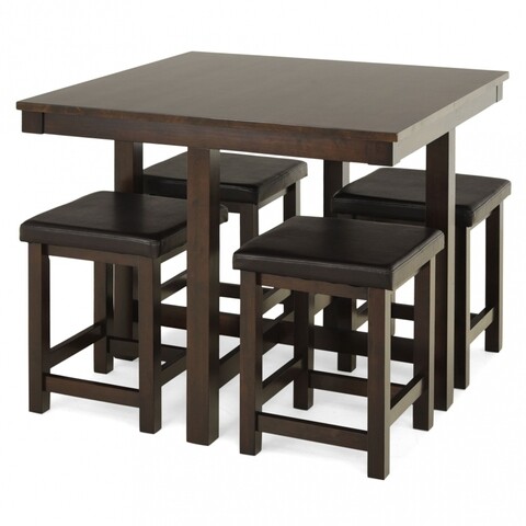 Set dining, masa + 4 scaune, waly, 90 x 90 x 74 cm, lemn/piele ecologica, maro