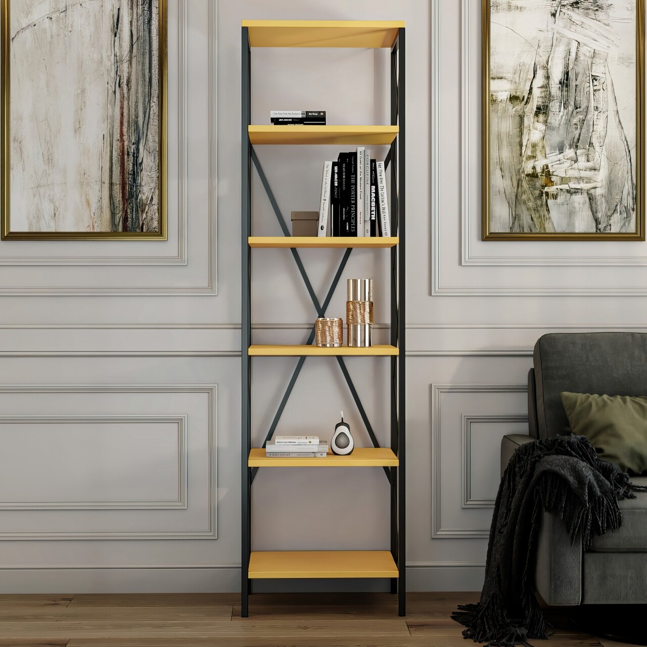 Corp biblioteca, Kalune Design, Suadiye, 50x180x30 cm, PAL, Galben/Negru - 1 | YEO