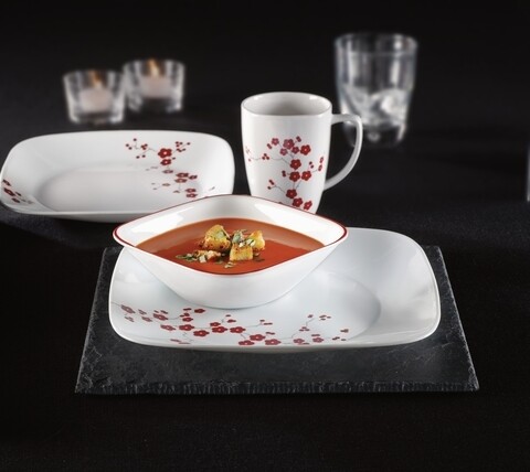 Serviciu de masa 16 piese, Corelle, Hanami Garden, sticla Vitrelle/portelan, alb/rosu