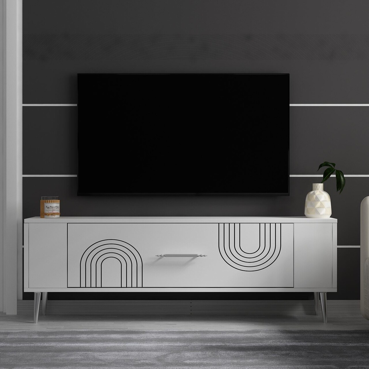 Comoda TV, Olivia, Retrol2, Alb / Argintiu