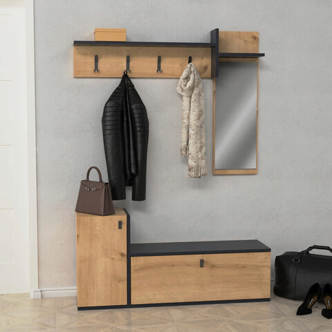 Cuier de perete, Lagomood, Welcome, 120×56.8×35 cm, Antracit / Stejar Lagomood