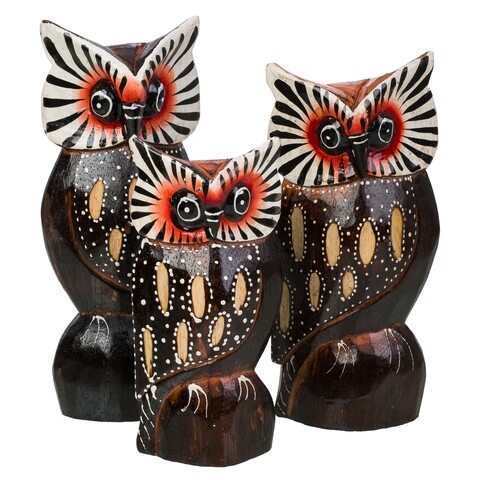 Set 3 decoratiuni, Owl, Creaciones Meng, lemn de arbore de matase