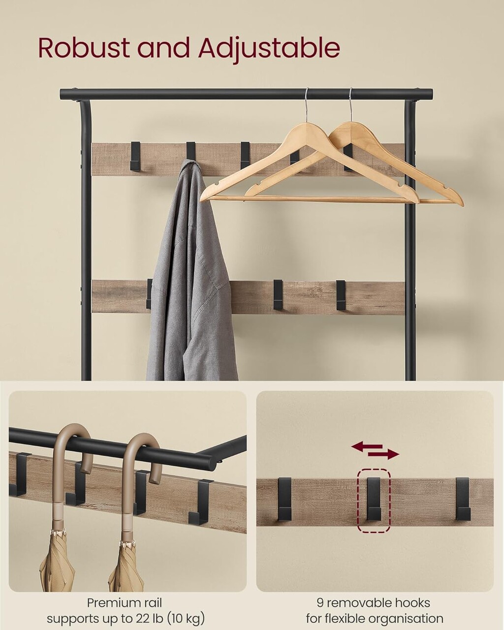 Cuier cu bancheta si pantofar 4in1, Vasagle, 72x34x183 cm, PAL/otel, maro camel/negru - imagine 5