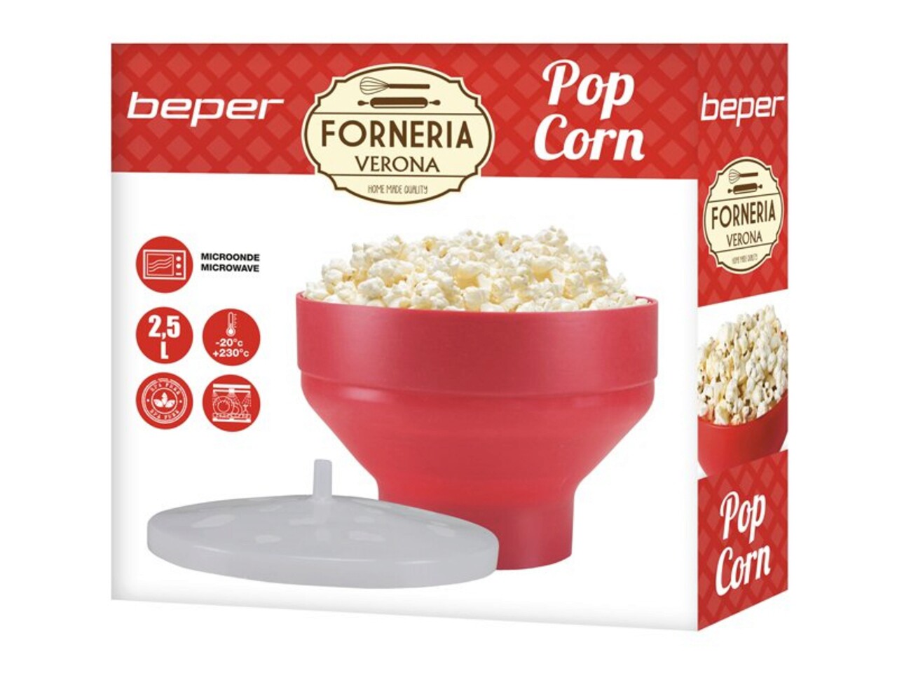 Aparat popcorn pentru cuptorul cu microunde Beper, 2.5 L, silicon, rosu/alb