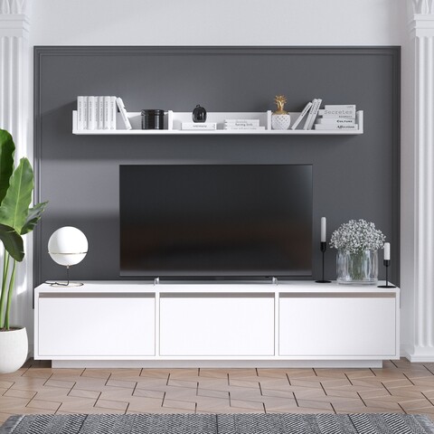 Comoda TV cu raft, Elegance, Prag, pal melaminat, alb alb