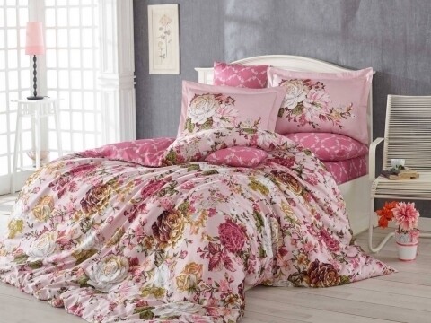 Lenjerie de pat dubla, 6 piese, 240x260 cm, 100% bumbac satinat, Hobby, Rosanna, roz