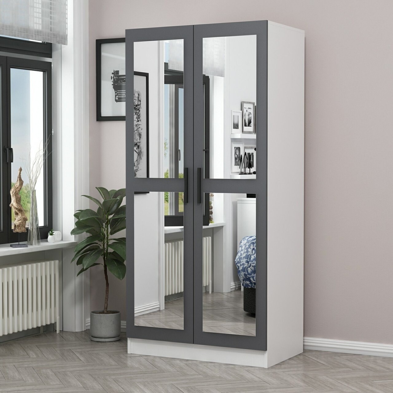 Dulap pentru haine, Minerva, Kale Mirror Anthracite White, 90x190x52 cm, PAL, Antracit/Alb