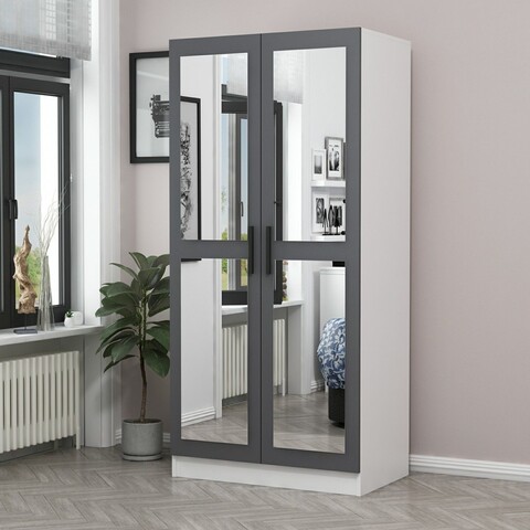Dulap pentru haine, Minerva, Kale Mirror Anthracite White, 90x190x52 cm, PAL, Antracit/Alb