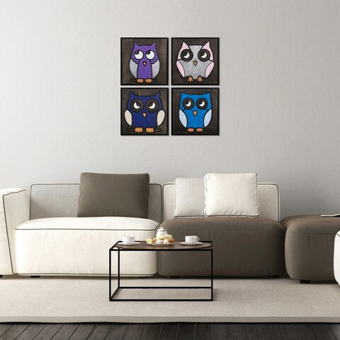 Decoratiune de perete, Owl Family, Placaj, 30 x 30 cm, 4 piese, Negru / Alb / Violet / Albastru / Roz mezoni.ro