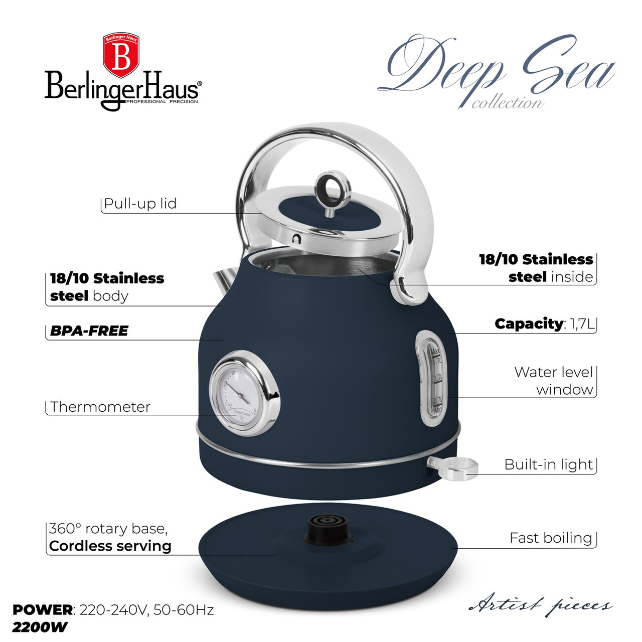 Ceainic electric cu termometru Berlinger Haus, Deep Sea, 1.7 L, inox 18/10, albastru mat/argintiu - imagine 11