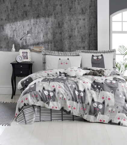 Lenjerie de pat dubla, duvarda kediler - grey, eponj home, 65% bumbac/35% poliester