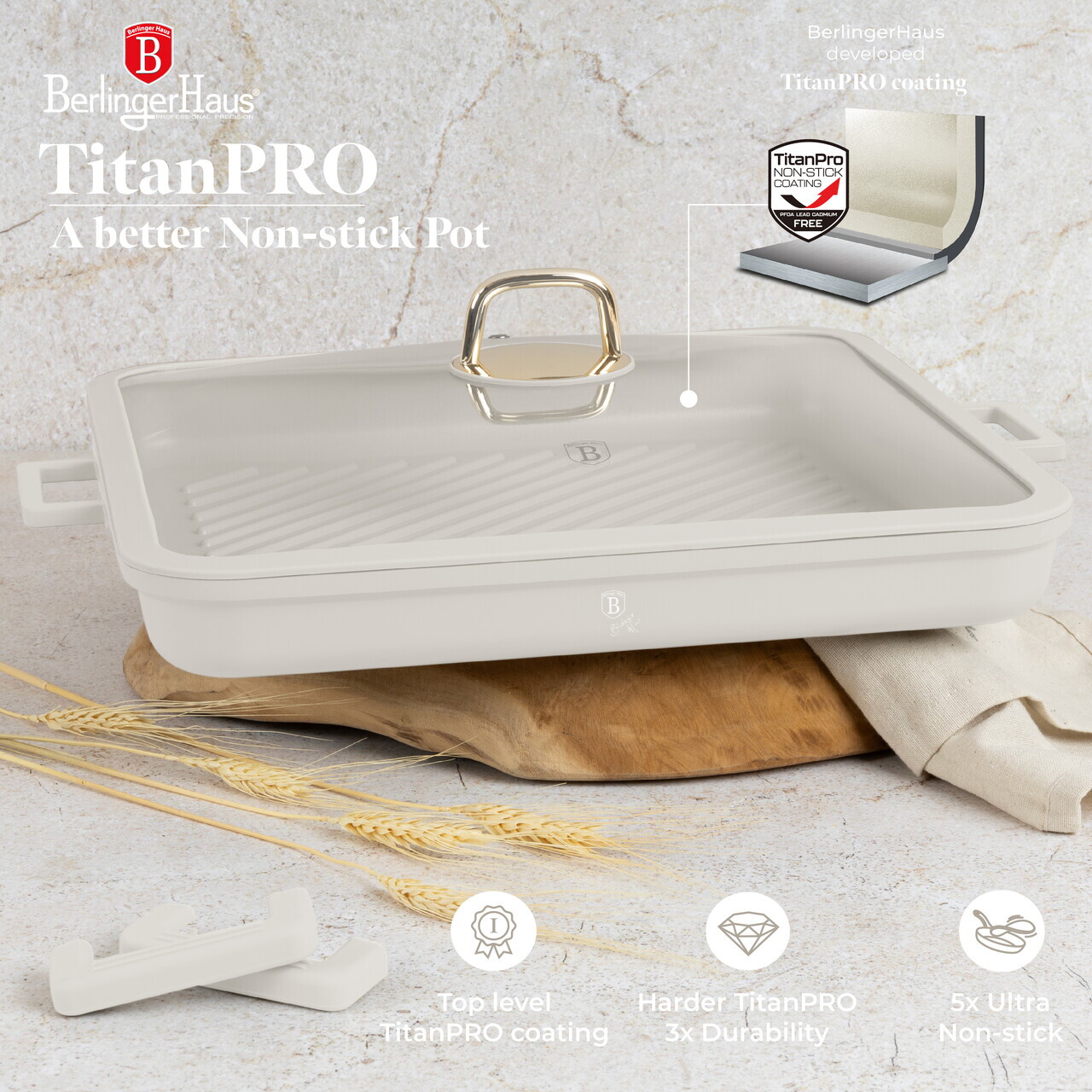 Tava grill cu capac Berlinger Haus, Sahara, 34x34x4.5 cm, aluminiu turnat, crem mat - imagine 9
