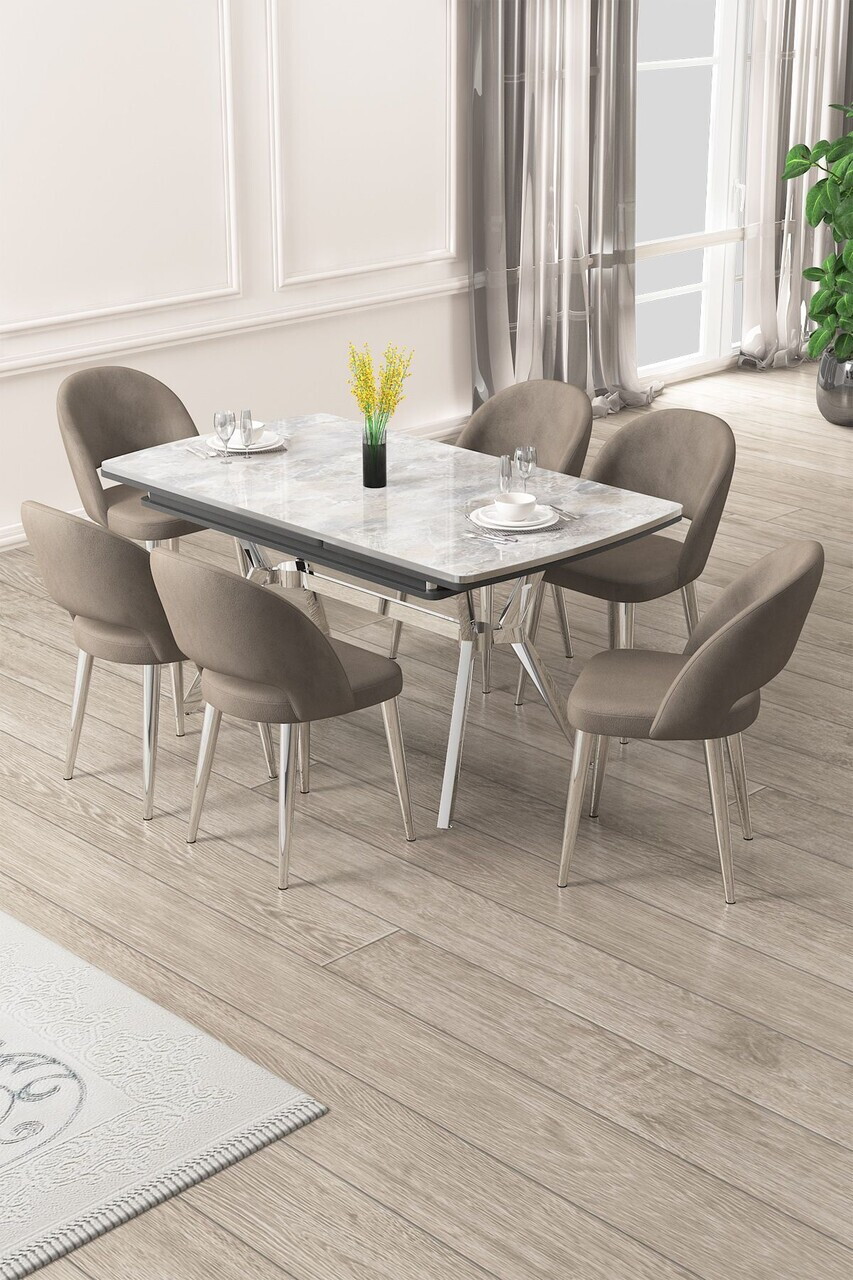 Set masa extensibila si scaune (7 piese), Hanah Home, Weps, Gri / Crom / Cappuccino