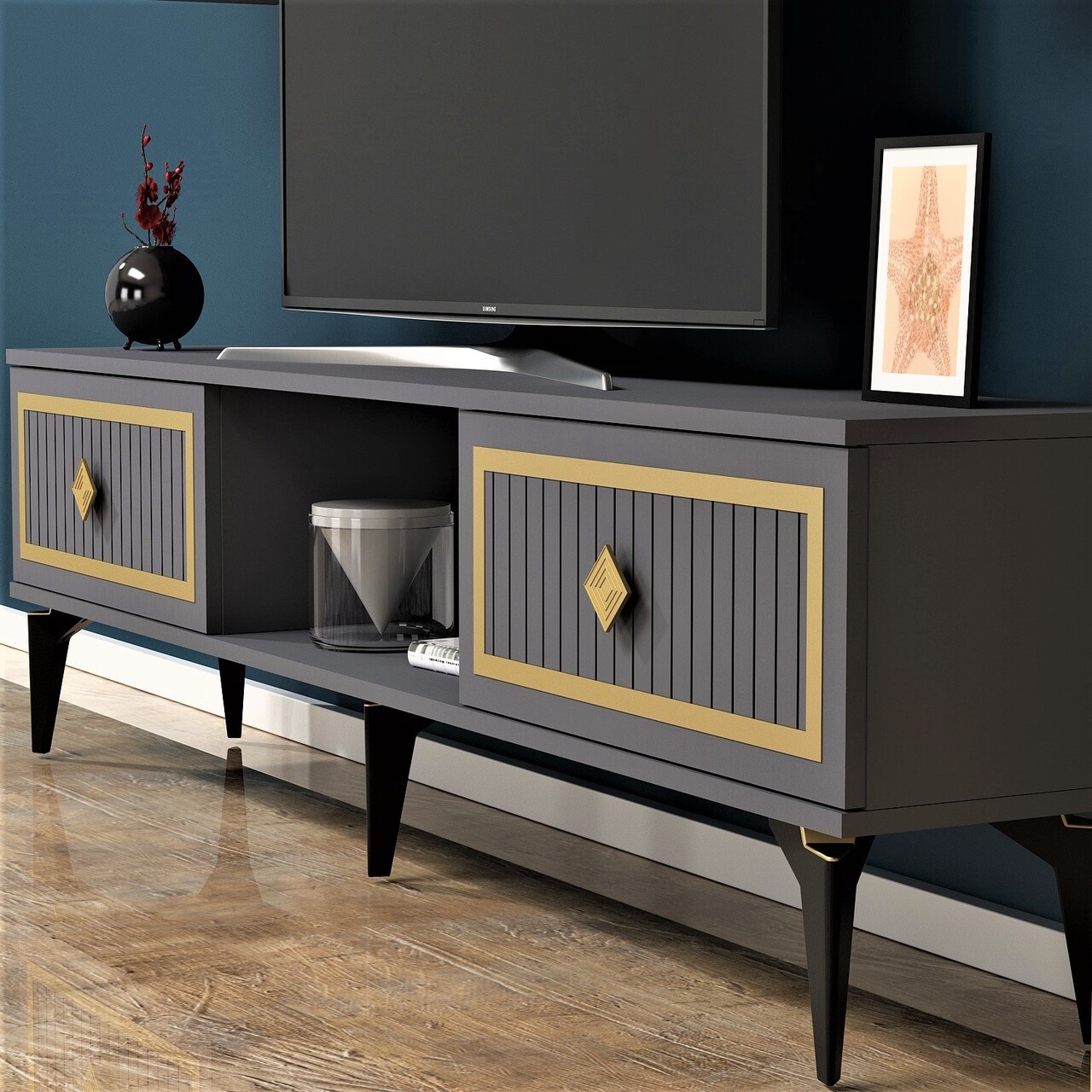 Comoda TV, Olivia, Nil, 150x44.6x29.6 cm, PAL, Antracit / Aur - 1 | YEO