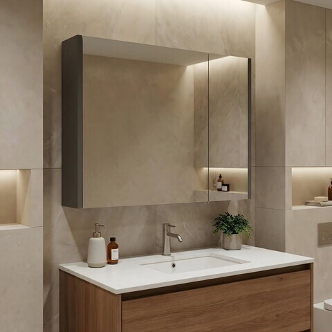 Dulap de baie cu oglindă, Hanah Home, Arno 80, Gri/Antracit