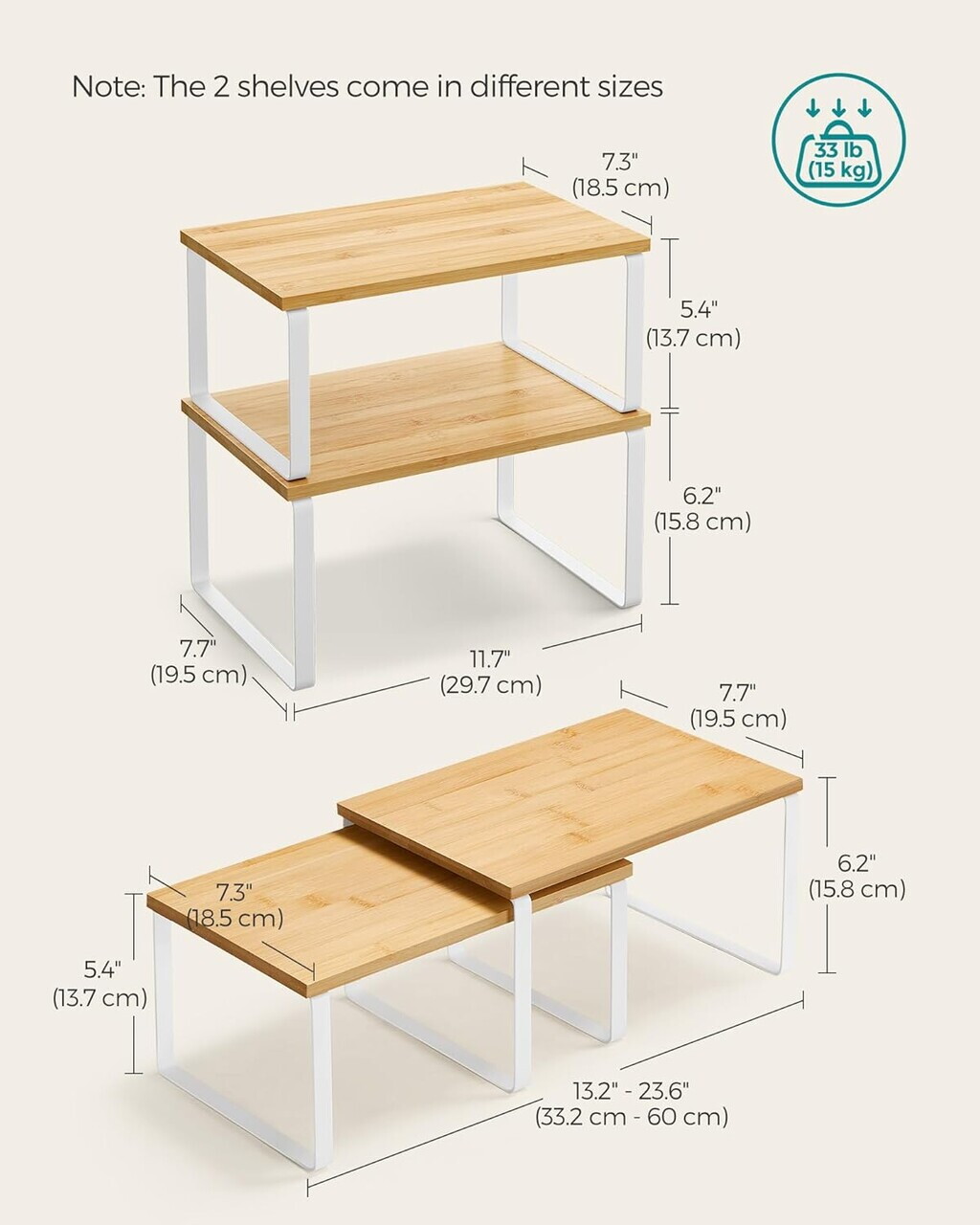 Set 4 organizatoare bucatarie, Songmics, 29.7x19.5x15.5 cm, metal/bambus, alb/natural - imagine 2