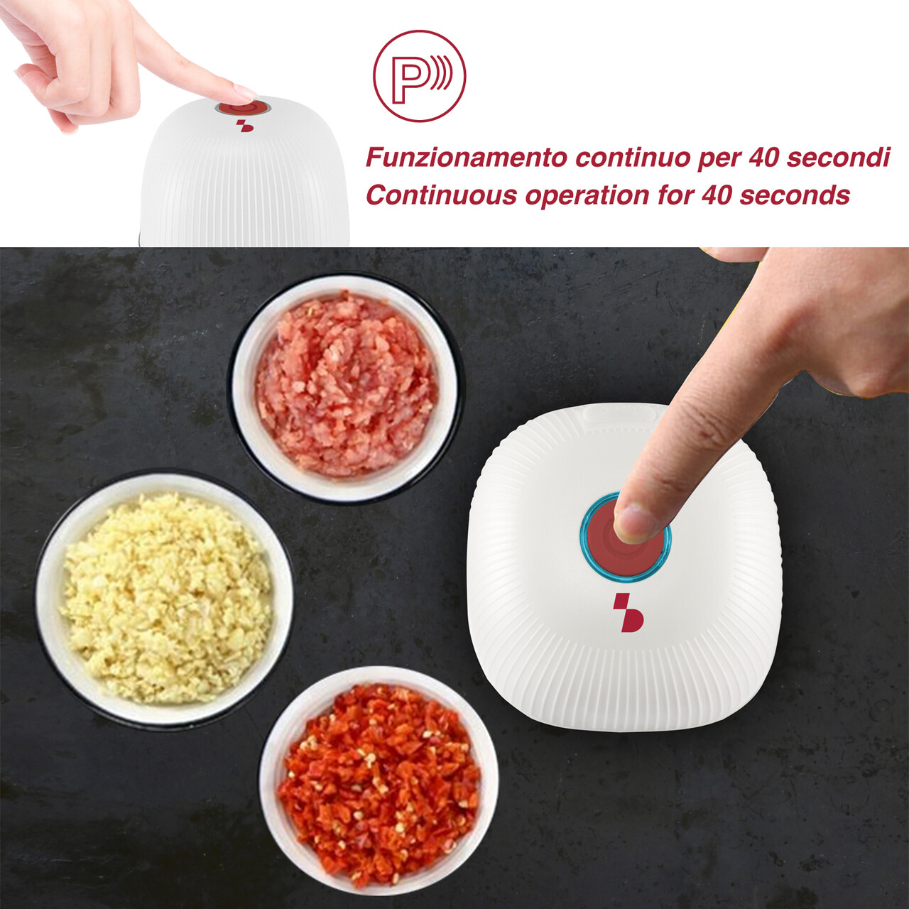 Mini tocator electric Beper, 8.8x12.8 cm, inox/ABS, alb/rosu - view 3
