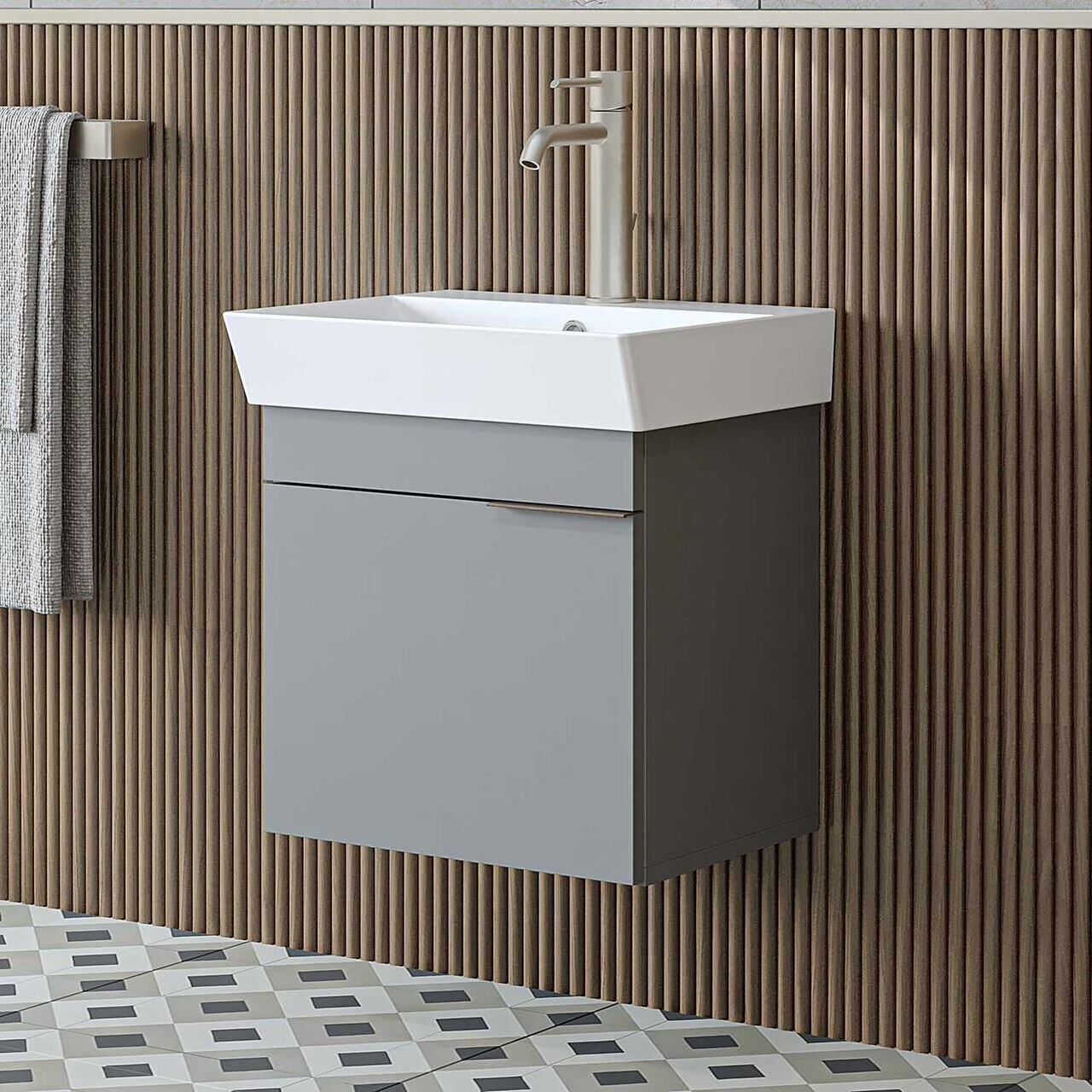 Dulap de baie cu chiuvetă, Hanah Home, Likya 49, 49x54x38.6 cm, PAL, Gri deschis