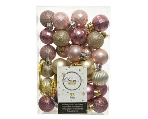 Cutie cu 33 globuri asortate Pink Pearl, Decoris, plastic, roz/auriu