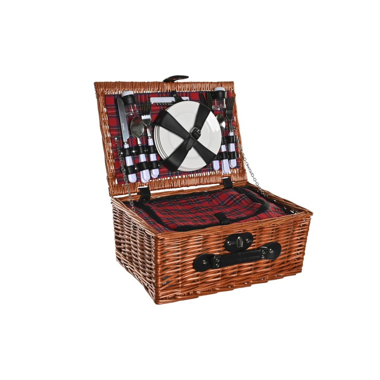 Cos de picnic pentru 4 persoane, DKD Home Decor, 48 x 28 x 18 cm, rachita, natural/rosu