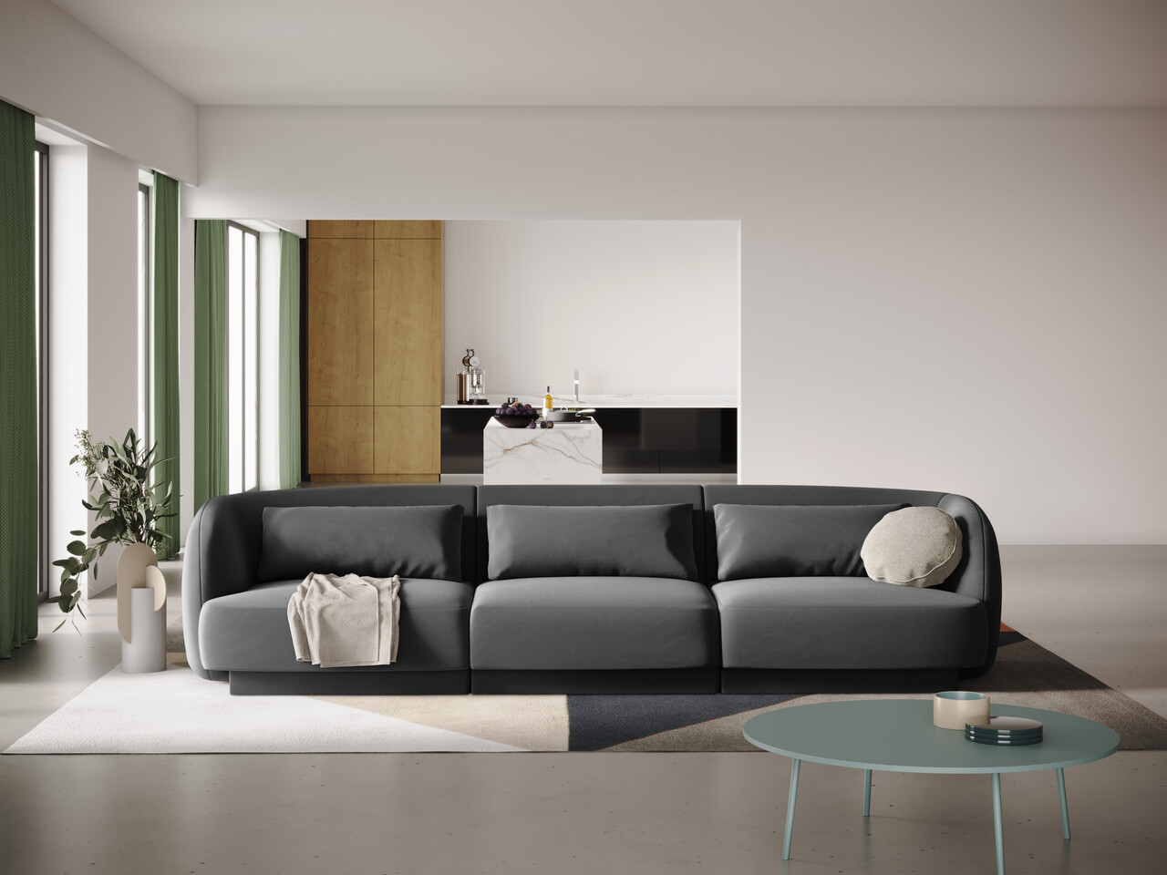Canapea 3 locuri, Tulum, Cosmopolitan Design, 255x90x70 cm, catifea, gri