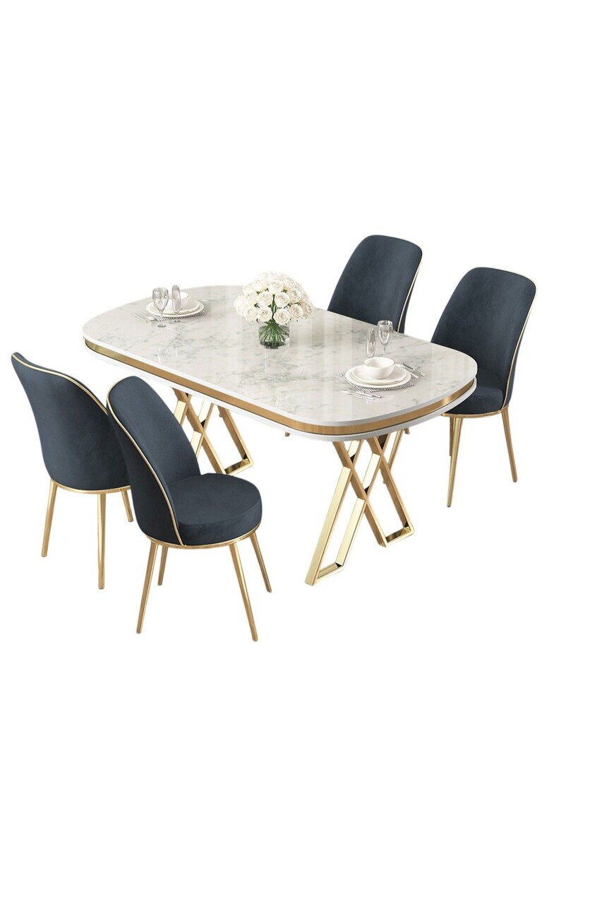 Set masa si scaune (5 piese), Hanah Home, Lai, Model de marmură albă / Auriu / Antracit — imaginea 2