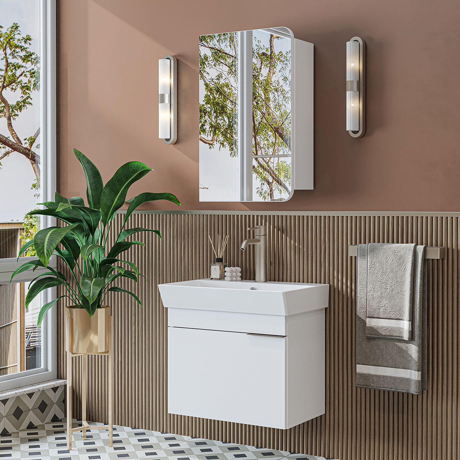 Set Dulap de Baie cu Chiuvetă și Oglindă (2 Piese), Hanah Home, 2916, MDF, Alb
