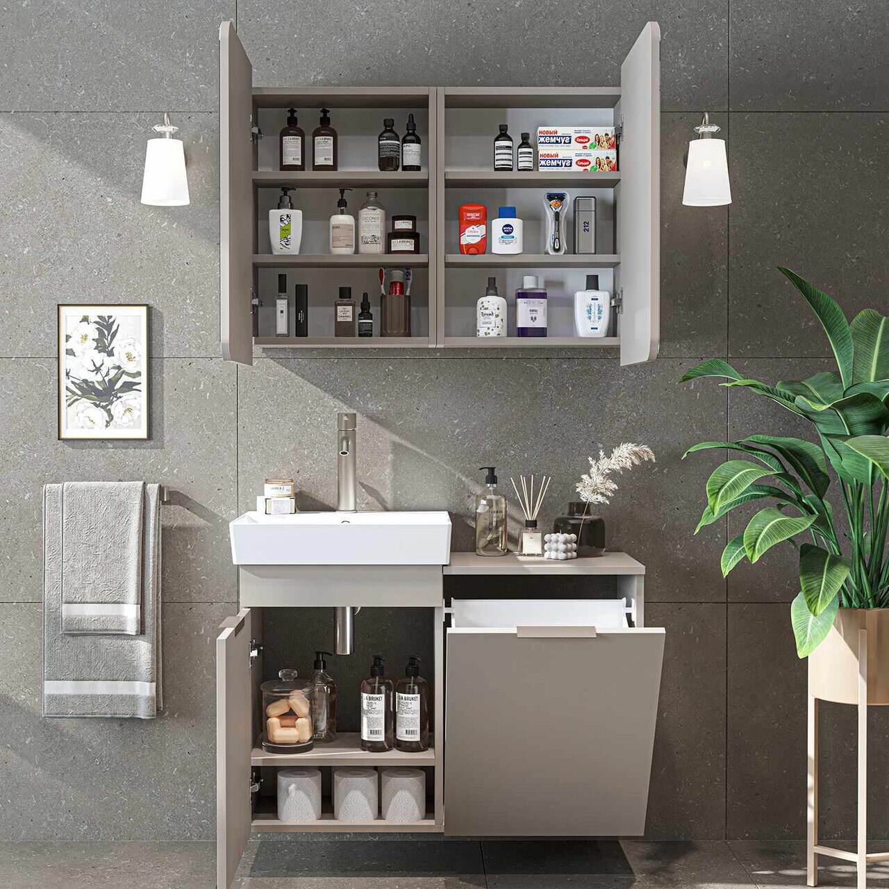 Set Dulap de Baie cu Chiuvetă și Oglindă (2 Piese), Hanah Home, Dubai Sepetli, PAL, Gresie — imaginea 4