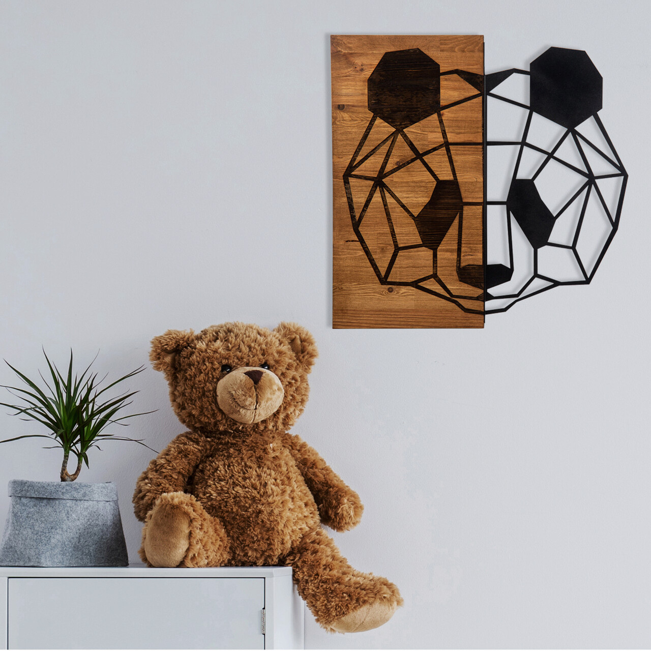 Decoratiune de perete, Panda, lemn/metal, 58 x 58 cm, negru/maro - 2 | YEO