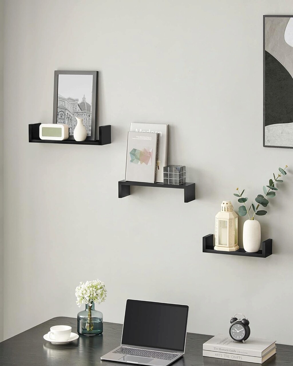 Set 3 rafturi de perete Songmics Modern, 40 x 10 x 9 cm, PAL, negru - imagine 4