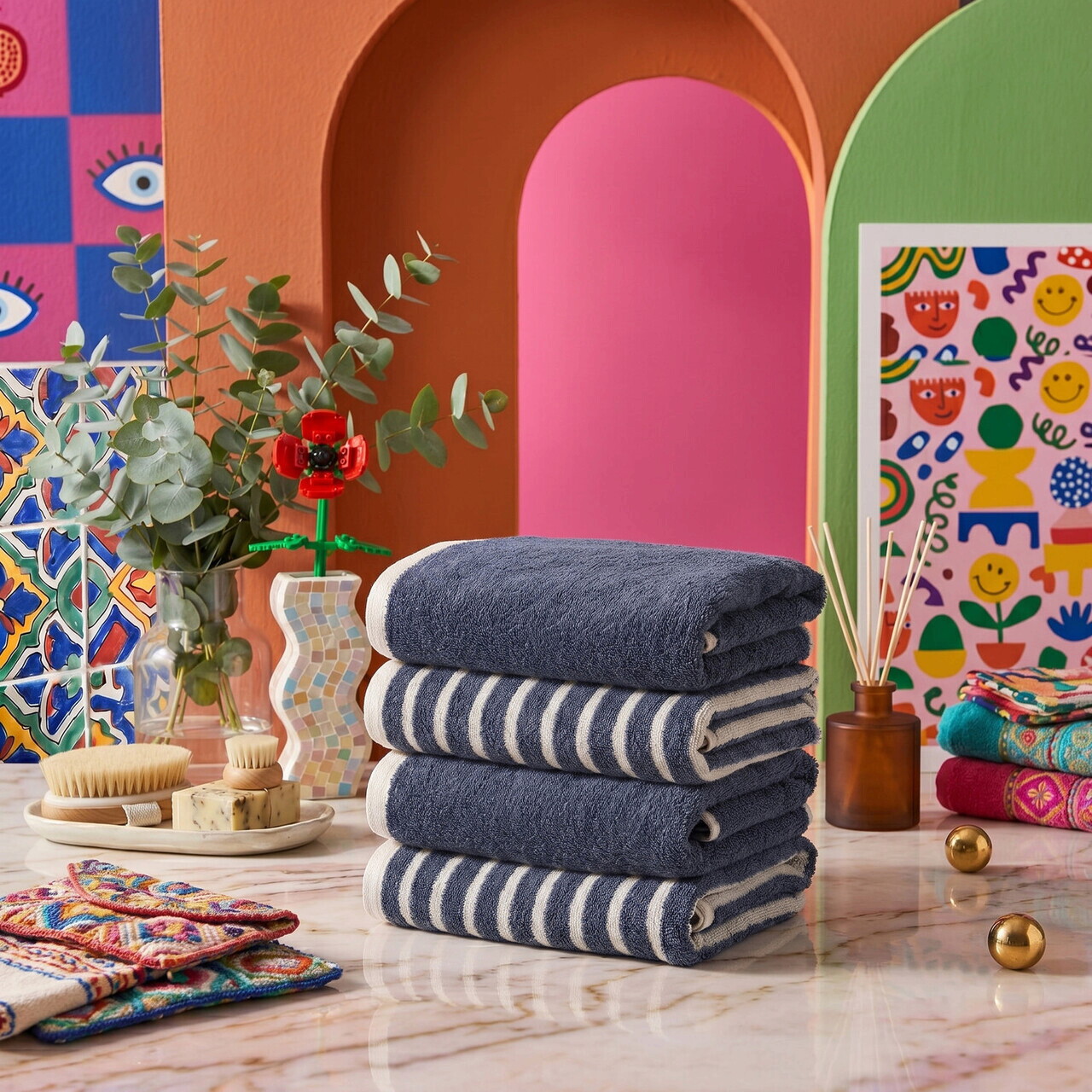 Set prosoape, L'essentiel Maison, Stripe Melange, Bumbac, Albastru inchis