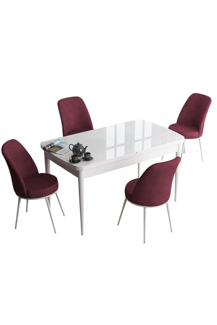 Set masa extensibila si scaune (5 piese), Hanah Home, Han, Alb / Burgundia — imaginea 2