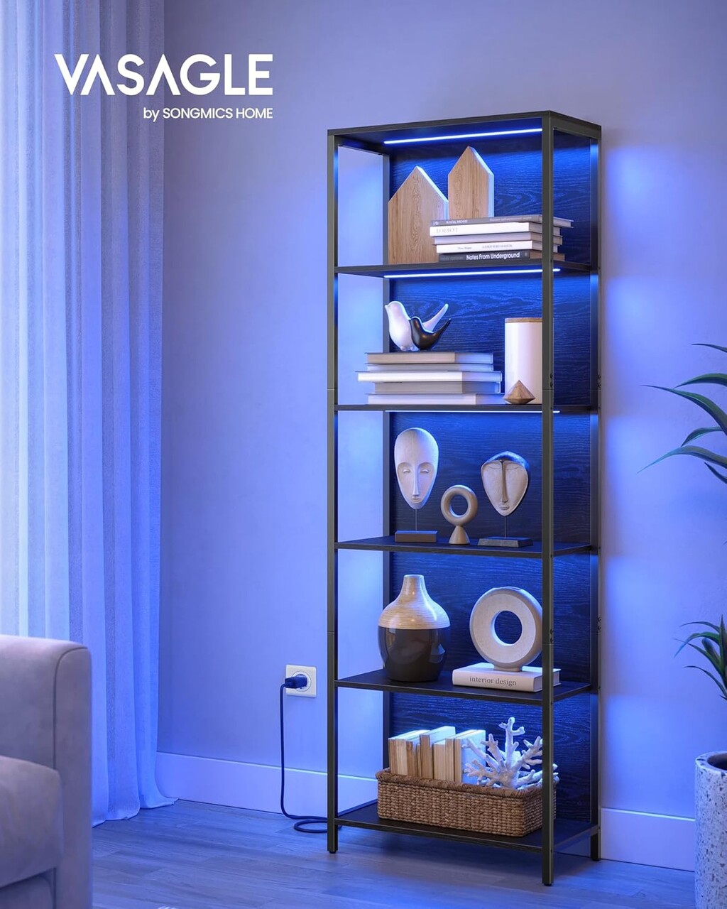 Biblioteca cu 6 rafturi, Vasagle, iluminare LED reglabila, 60x30.3x178.6 cm, otel/placaj, negru ebony