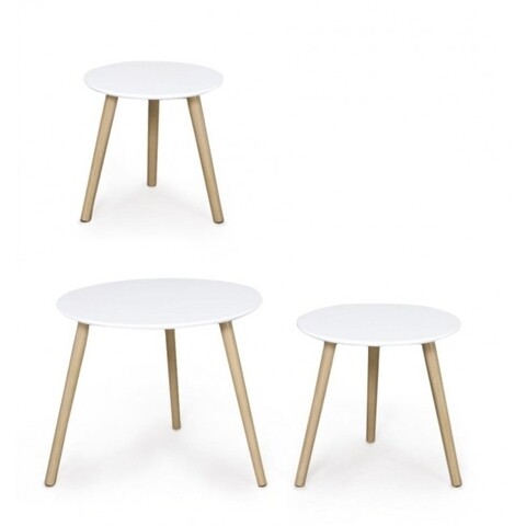 Set 3 masute de cafea, Ailon Round, Bizzotto, lemn de pin, alb