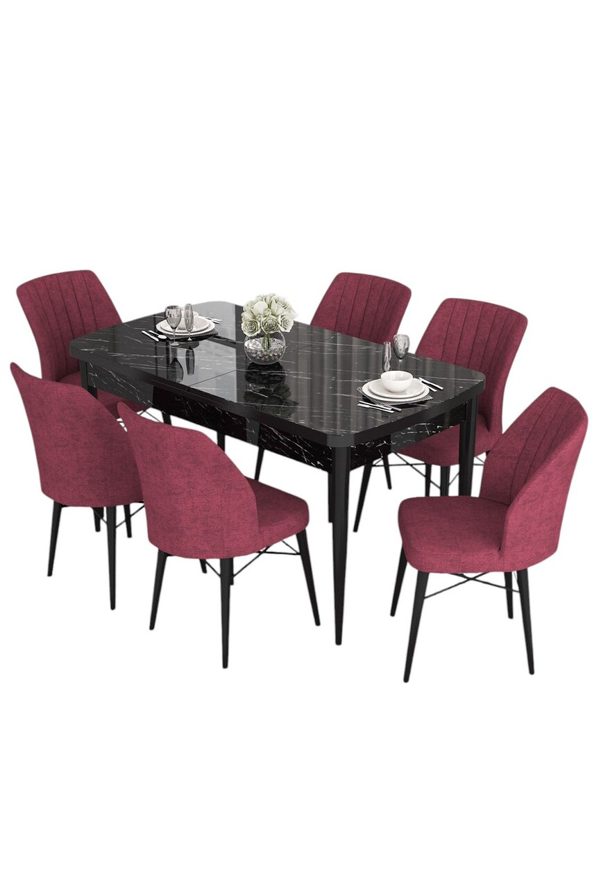 Set masă și scaune extensibile (7 Pieces), Hanah Home, Eva, Marmură neagră / Burgundia - view 2