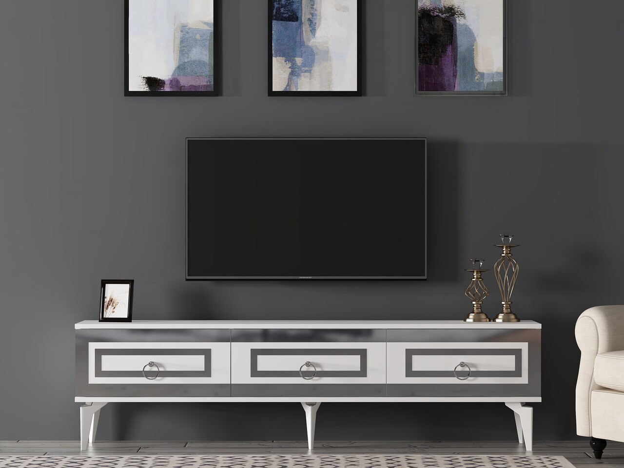 Comoda TV, Olivia, Karya, 180x44.6x29.6 cm, PAL , Alb / Argintiu - 1 | YEO