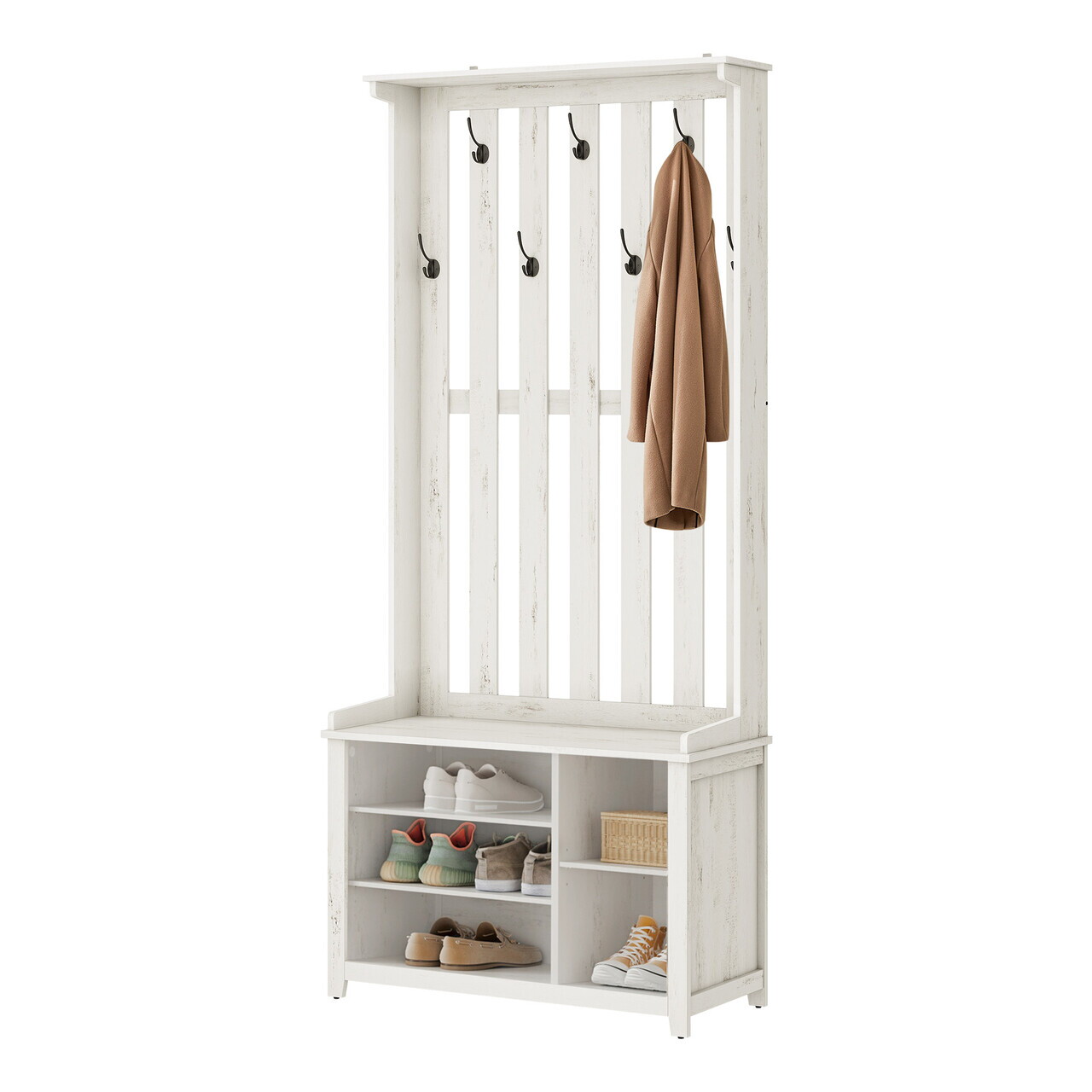 Cuier cu bancheta si pantofar, Country Style, Vasagle, 80x39.5x178.6 cm, MDF/PAL, alb rustic — imaginea 4