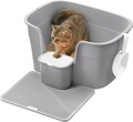 Litiera mare pentru pisici, Feandrea,  cu margini inalte, tava de colectare si spatula, 64x44x33 cm, plastic, gri