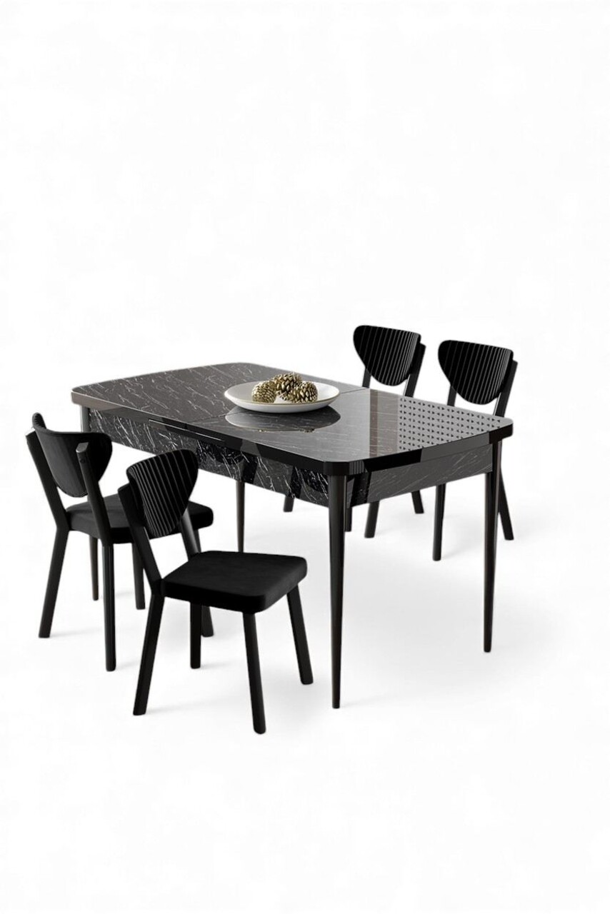 Set masa extensibila si scaune, Hanah Home, Exve, Marmură neagră / Negru - view 2