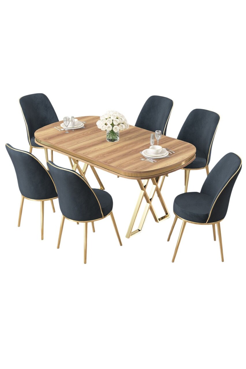 Set masă și scaune (7 piese), Hanah Home, Lai, Nuc deschis / Auriu / Antracit - imagine 2