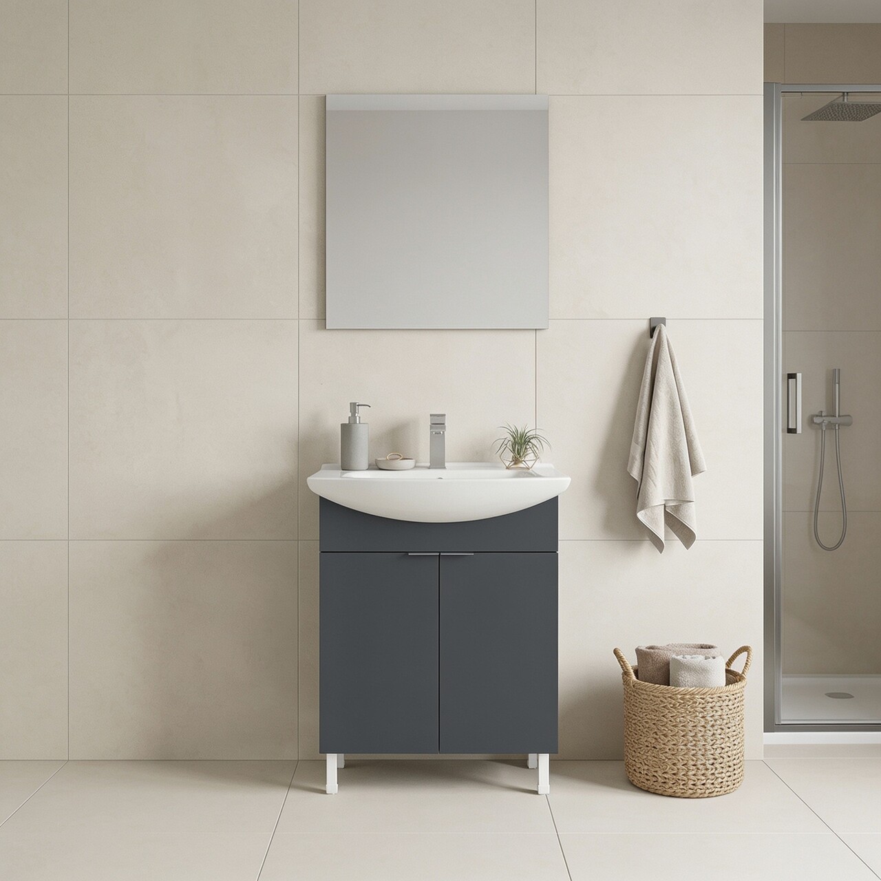 Set Dulap de Baie cu Chiuvetă și Oglindă (2 Piese), Hanah Home, Purus 65, Antracit mat