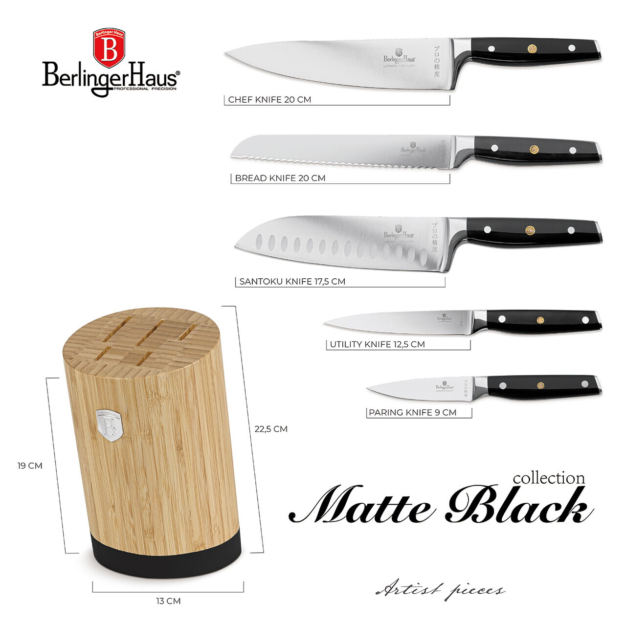Set 5 cutite cu suport Berlinger Haus, Matte Black, inox/bambus, negru/natur - imagine 17