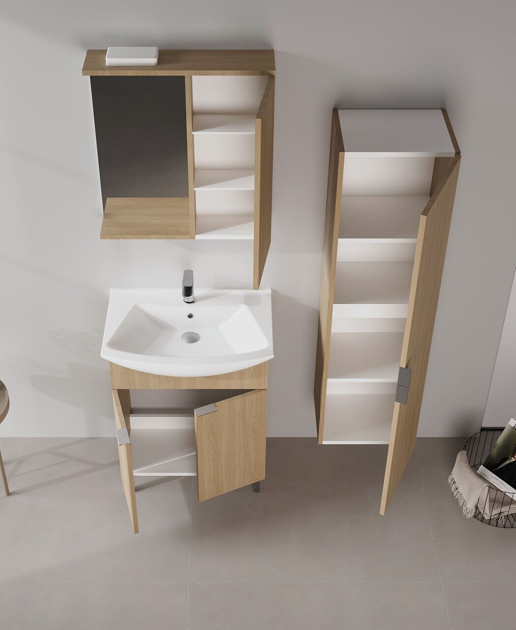 Set Dulap de Baie cu Chiuvetă și Oglindă (2 Piese), Hanah Home, Purus 65, Stejar — imaginea 3
