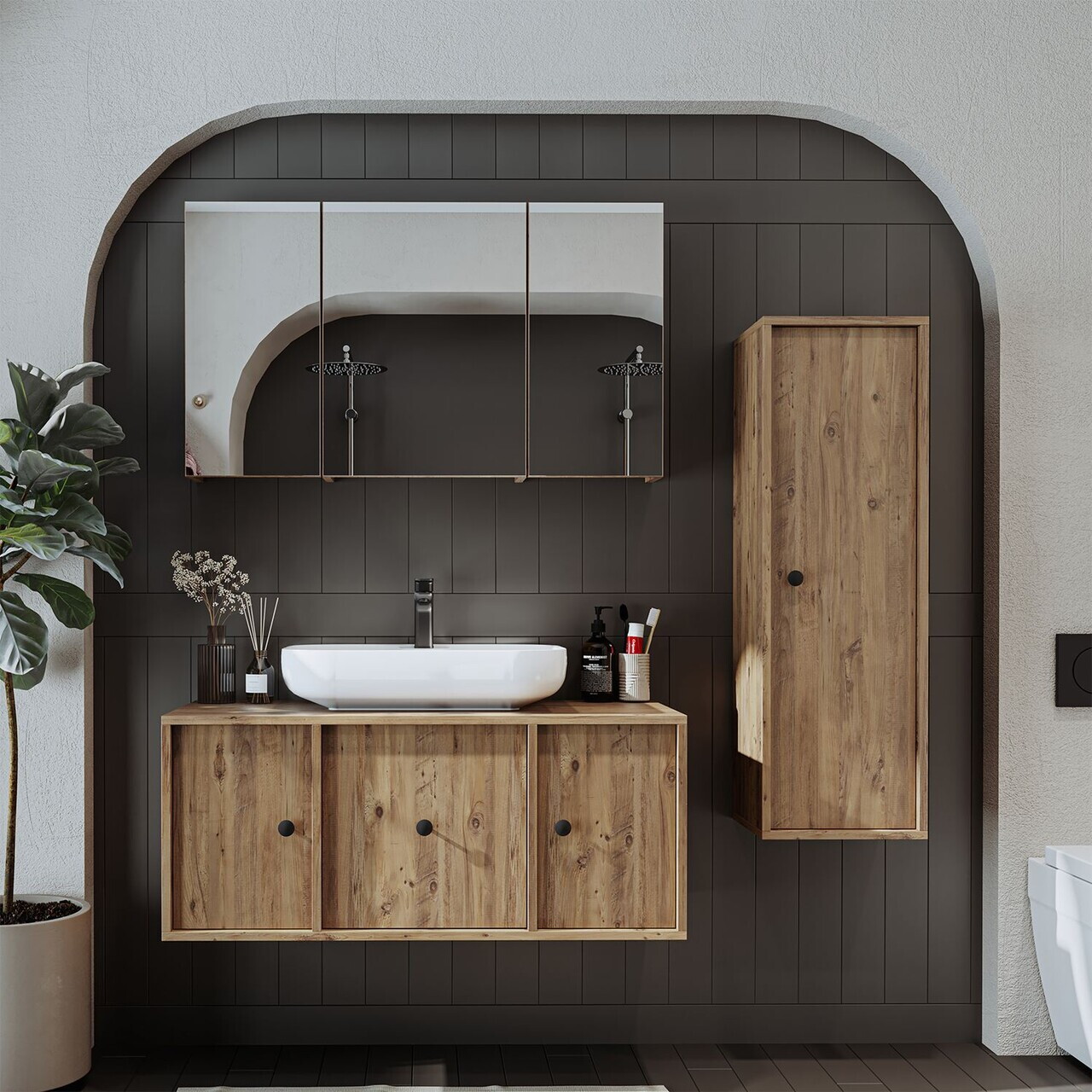 Set Dulap de Baie cu Chiuvetă și Oglindă (3 Piese), Hanah Home, 2575, MDF, Maro — imaginea 3