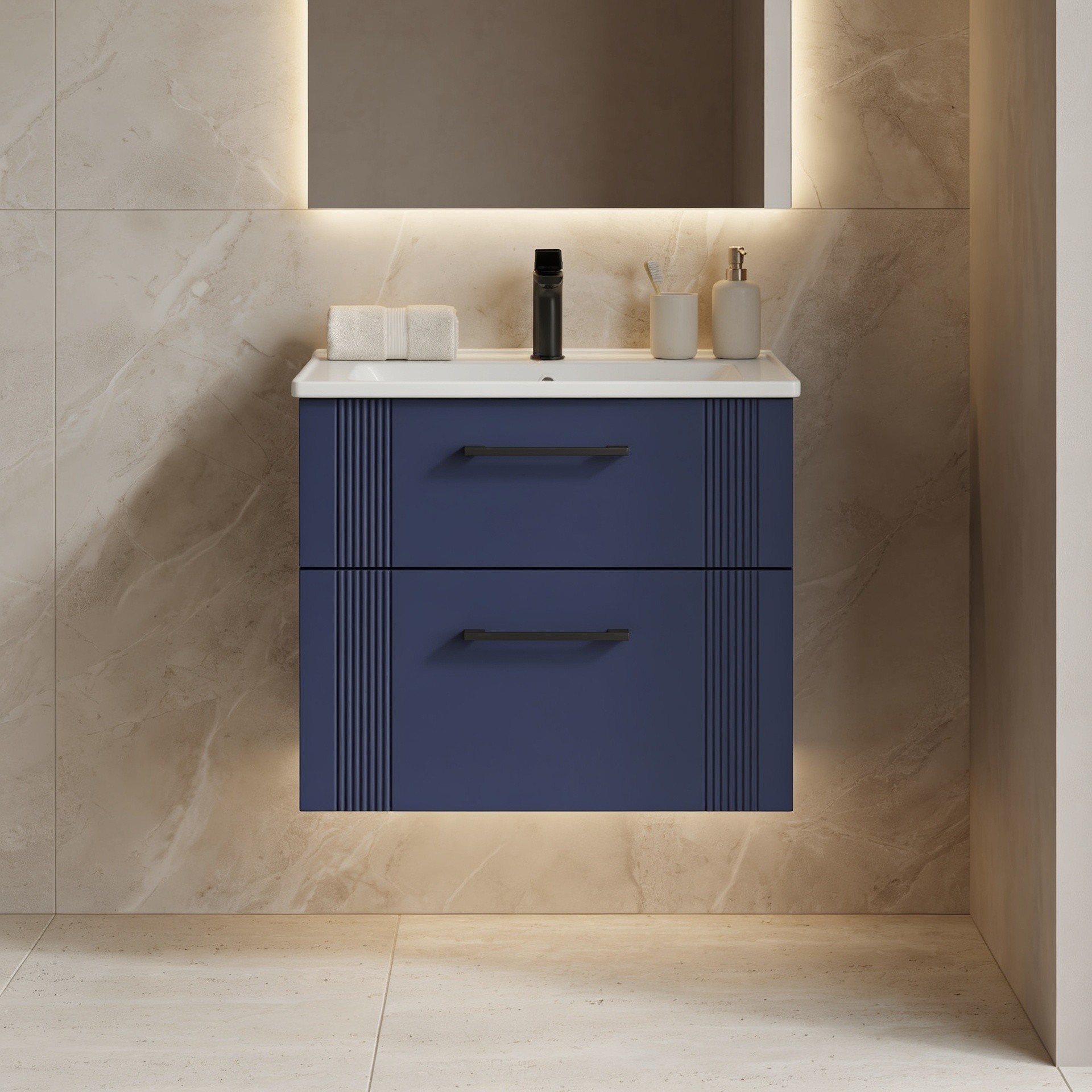 Dulap de baie cu chiuvetă, Hanah Home, Bari 65 v2, Albastru marin mat