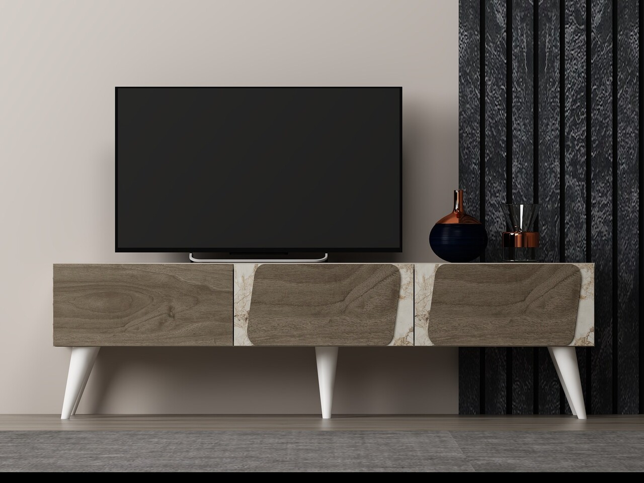 Comoda TV, Odessa, Veas, 150x30x43 cm, PAL, Marmură / Nuc