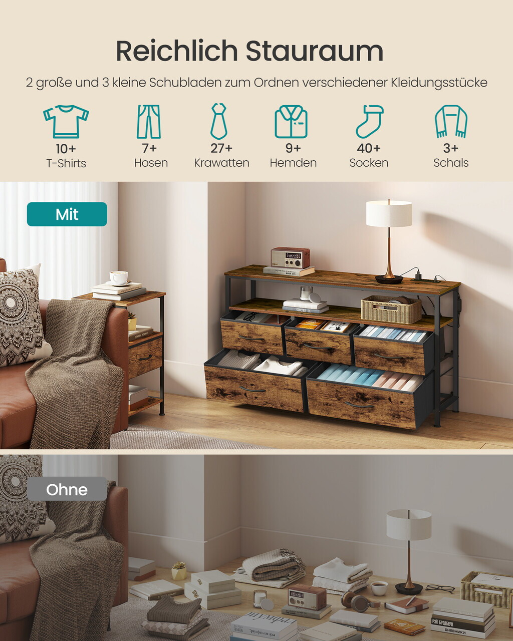 Comoda cu 5 sertare si iluminare LED, Songmics, priza integrata, 98.7x30x68.1 cm, maro rustic/negru - imagine 4