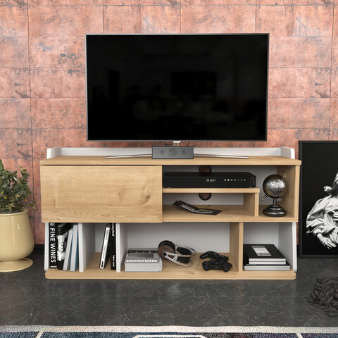Comoda tv, retricy, raca, 120x37x59 cm, pal, safir / alb